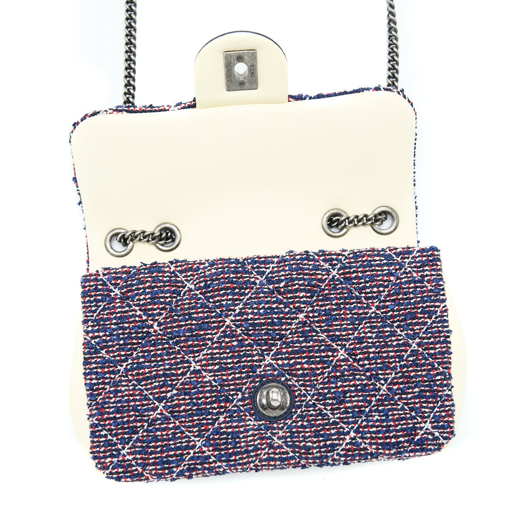 CHANEL SEASONAL MINI RECTANGULAR FLAP BAG TWEED BLUE/ RED/ WHITE RUTHENIUM HARDWARE