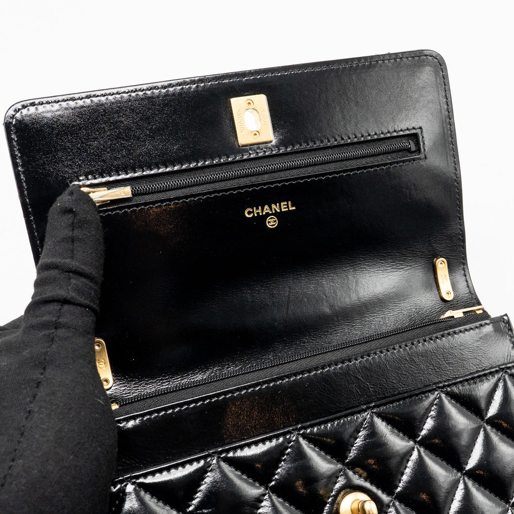 CHANEL 24A DETAILED CHAIN WALLET ON CHAIN SHINY CALFSKIN BLACK GHW (MICROCHIP）