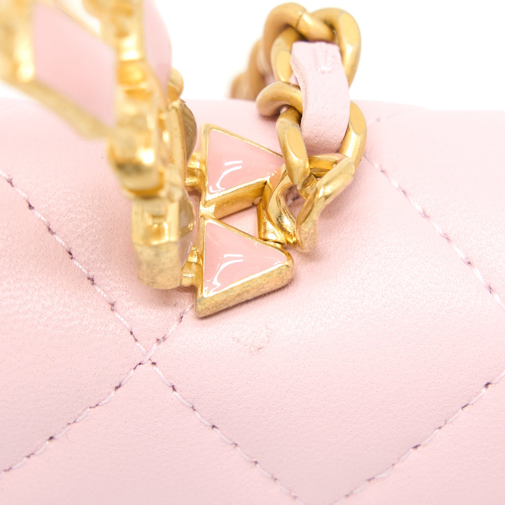 CHANEL 22B FLAP BAG ENAMEL/CC LOGO TOP HANDLE LAMBSKIN NJ523 LIGHT PINK BRUSHED GHW