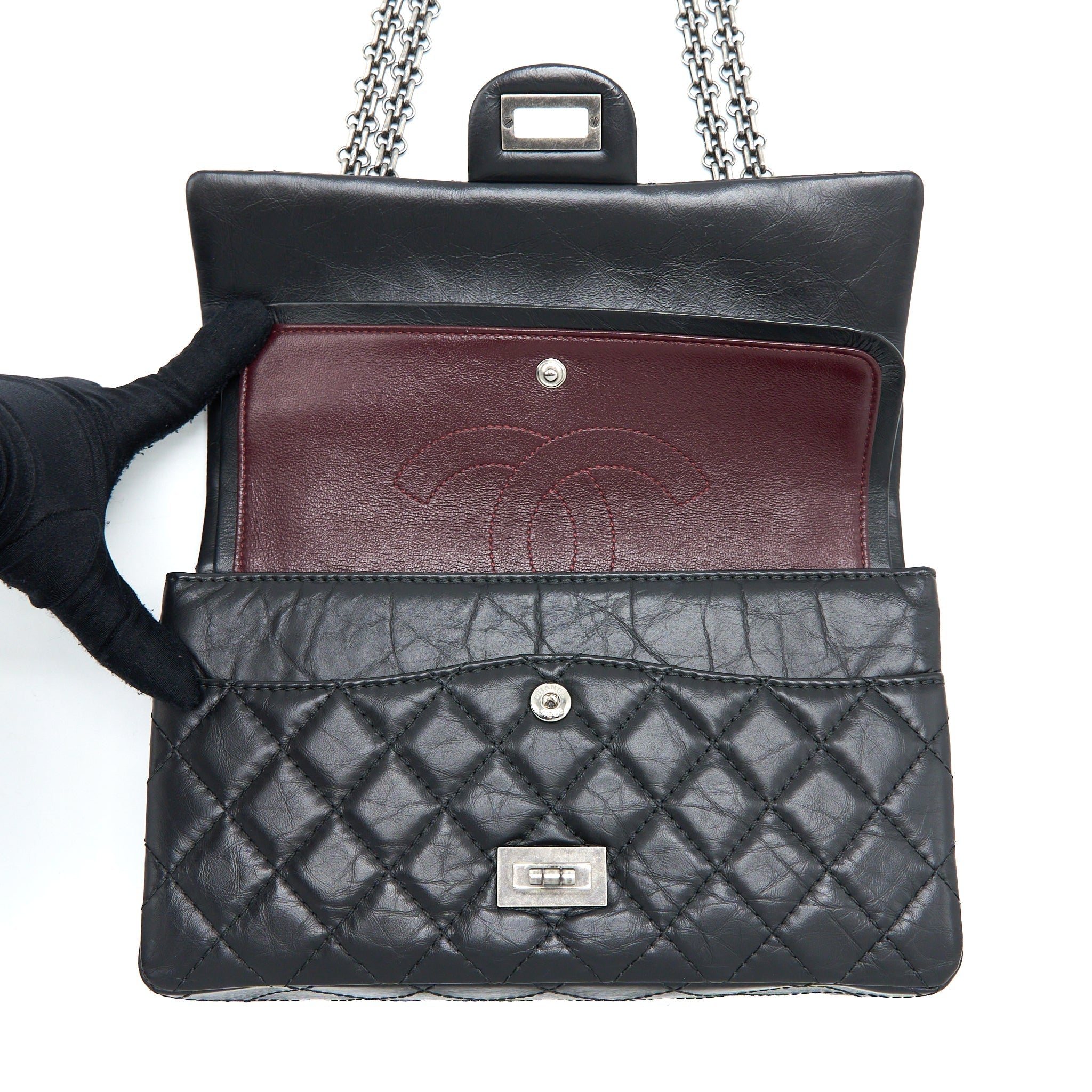 CHANEL SMALL 2.55 225 REISSUE FLAP BAG AGED CALFSKIN BLACK RUTHENIUM SHW