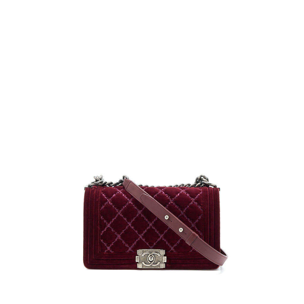 CHANEL MEDIUM BOY BAG VELVET DARK RED RUTHENIUM SHW