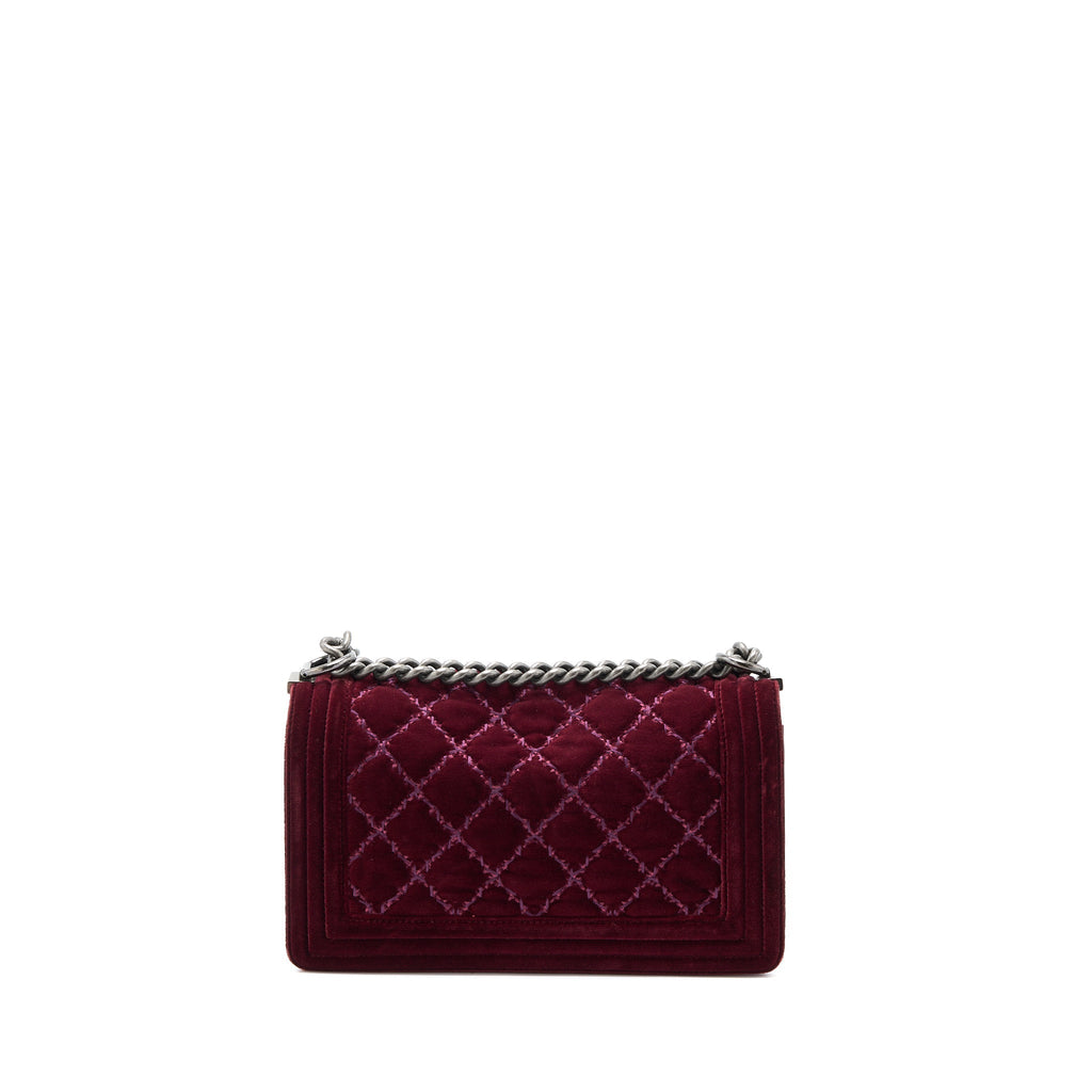 CHANEL MEDIUM BOY BAG VELVET DARK RED RUTHENIUM SHW