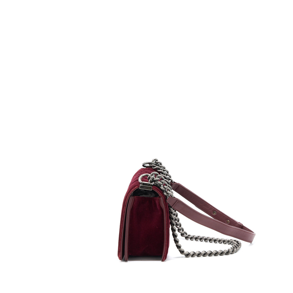 CHANEL MEDIUM BOY BAG VELVET DARK RED RUTHENIUM SHW