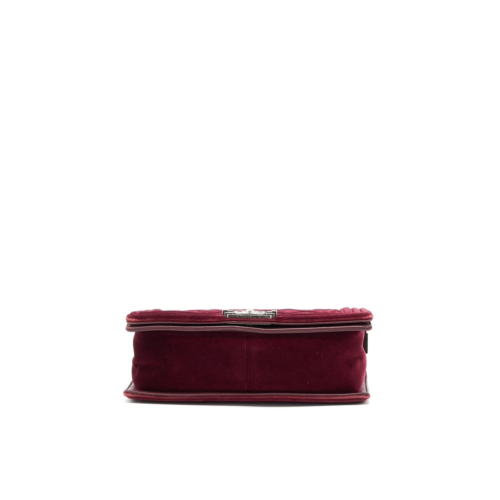 CHANEL MEDIUM BOY BAG VELVET DARK RED RUTHENIUM SHW