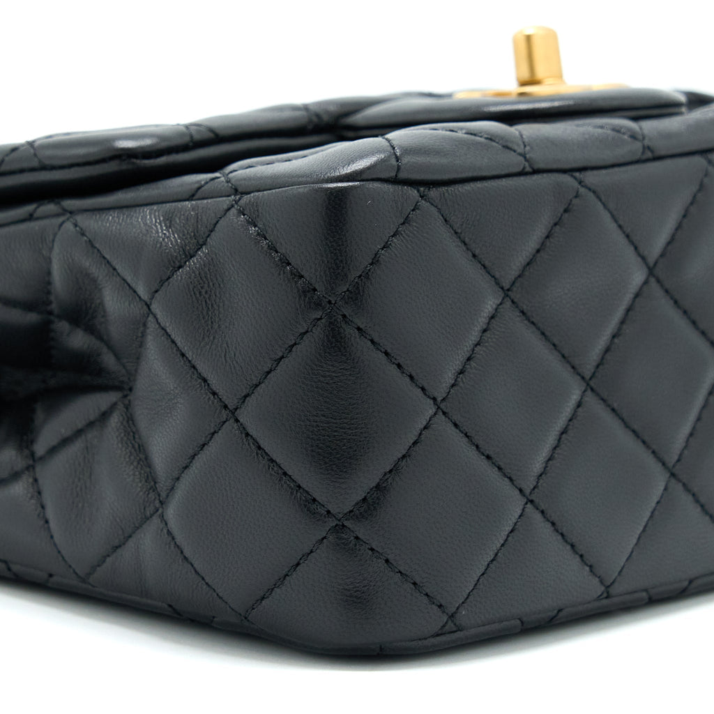 CHANEL PEARL CRUSH MINI SQUARE LAMBSKIN BLACK BRUSHED GHW (MICROCHIP)