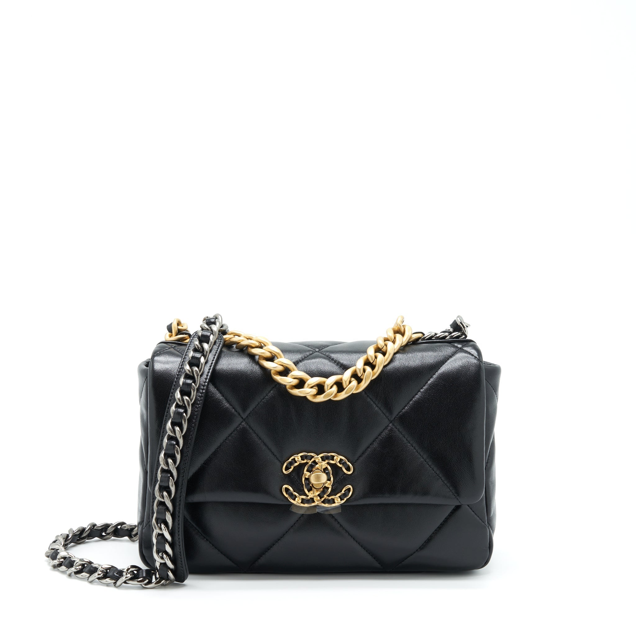 CHANEL SMALL 19 BAG LAMBSKIN BLACK GHW (MICROCHIP)