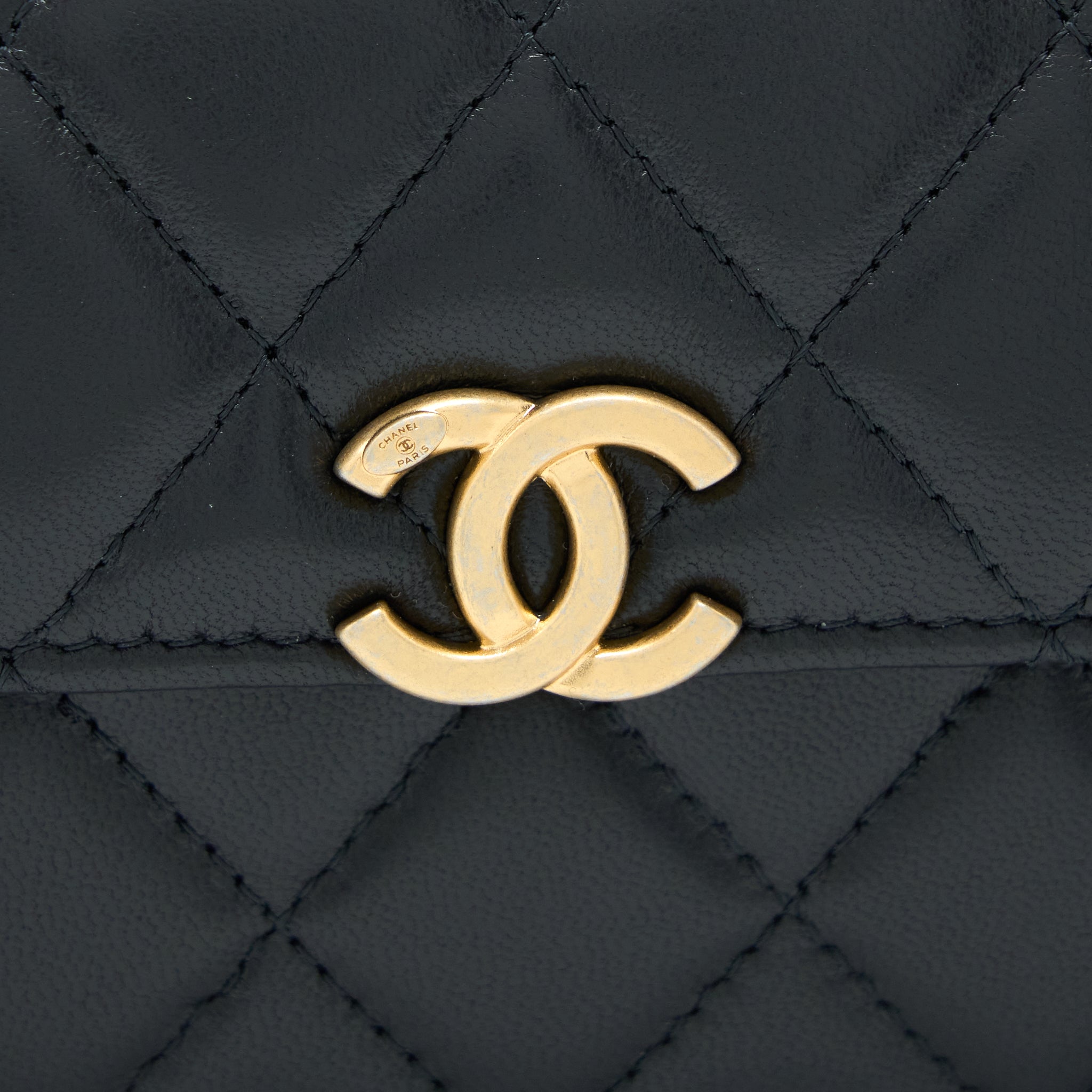 CHANEL 22B FLAP BAG ENAMEL/CC LOGO TOP HANDLE LAMBSKIN BLACK BRUSHED GHW