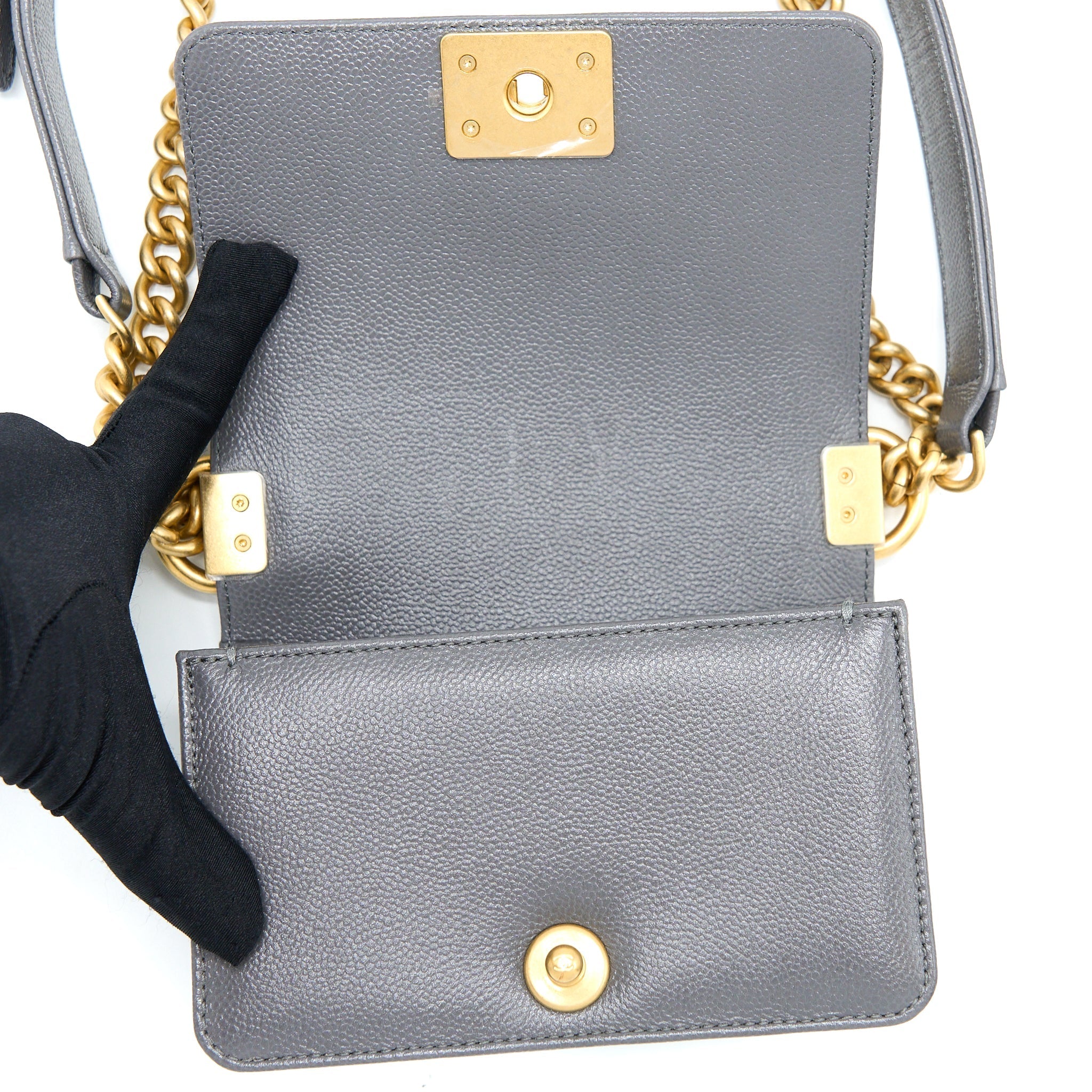 CHANEL MINI BOY BAG CAVIAR GREY BRUSHED GHW (MICROCHIP)