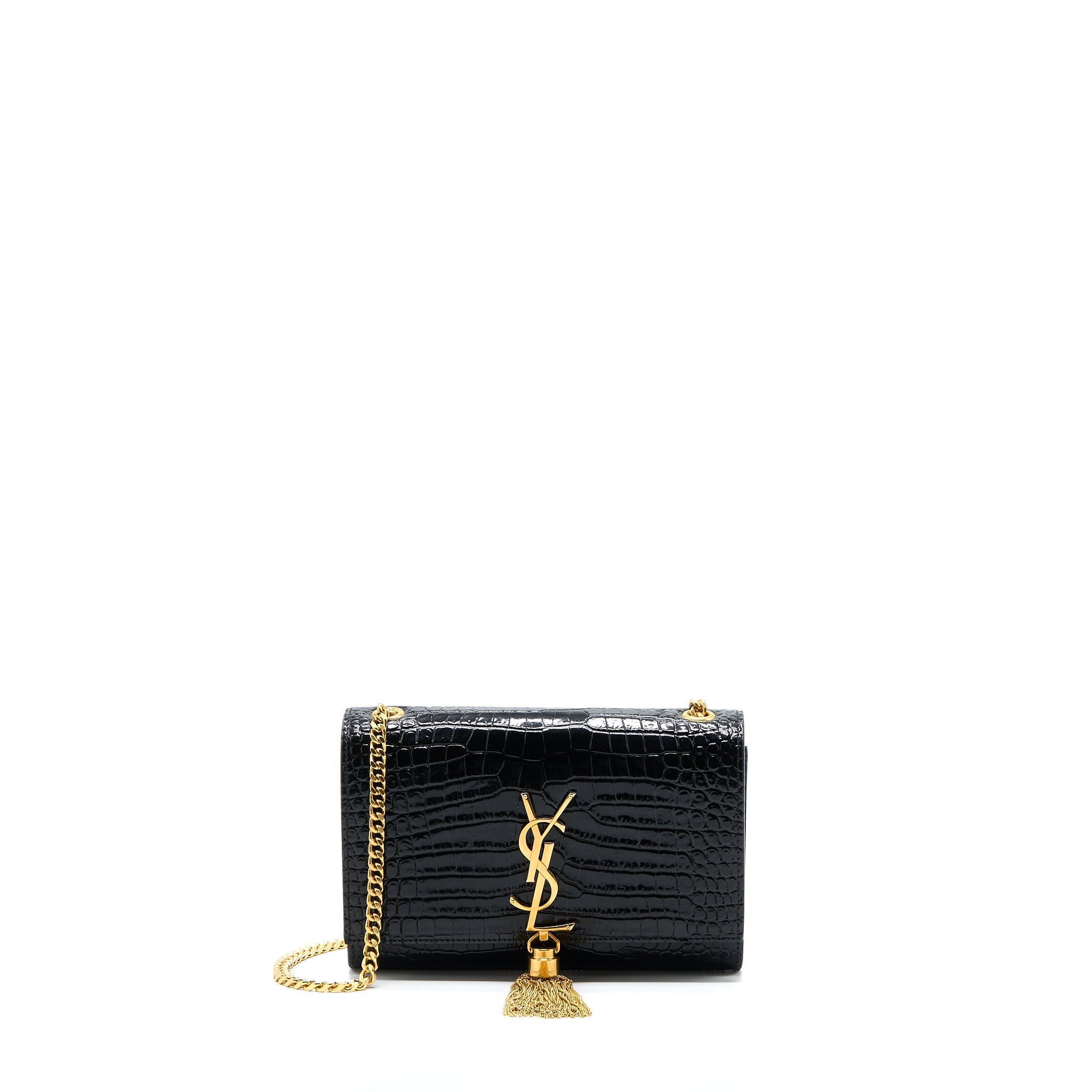 SAINT LAURENT KATE BAG CROC EMBOSSED CALFSKIN BLACK GHW