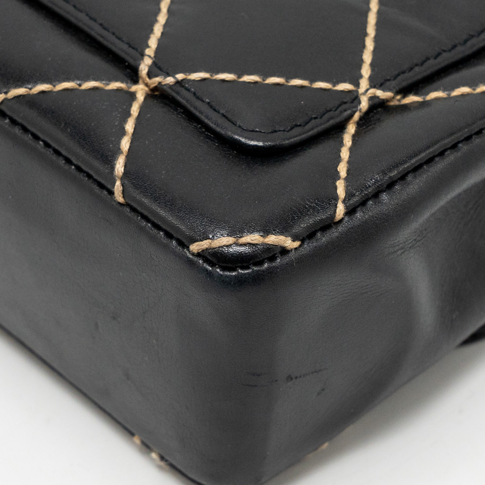 CHANEL VINTAGE QUILTED FLAP BAG LAMBSKIN BLACK WITH WHITE STITCHING GHW