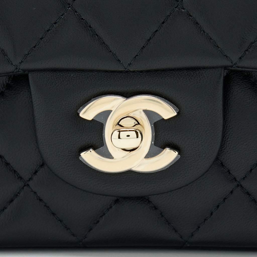 CHANEL 22A TOP HANDLE MINI RECTANGULAR FLAP BAG LAMBSKIN BLACK GHW (MICROCHIP)