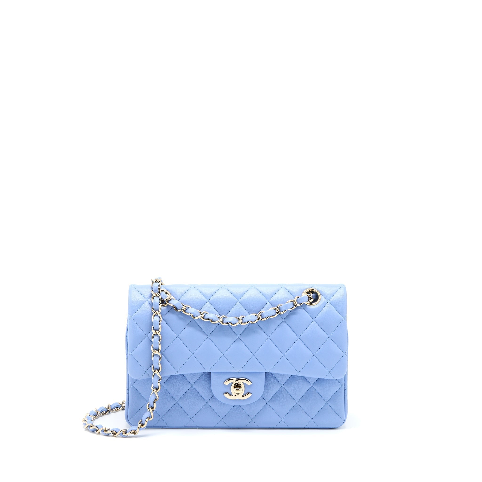 CHANEL SMALL CLASSIC DOUBLE FLAP BAG LAMBSKIN BLUE LGHW