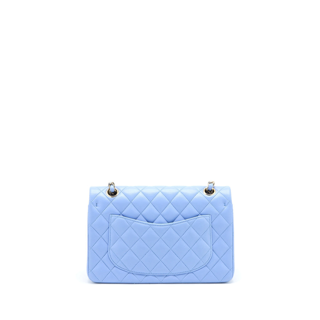CHANEL SMALL CLASSIC DOUBLE FLAP BAG LAMBSKIN BLUE LGHW