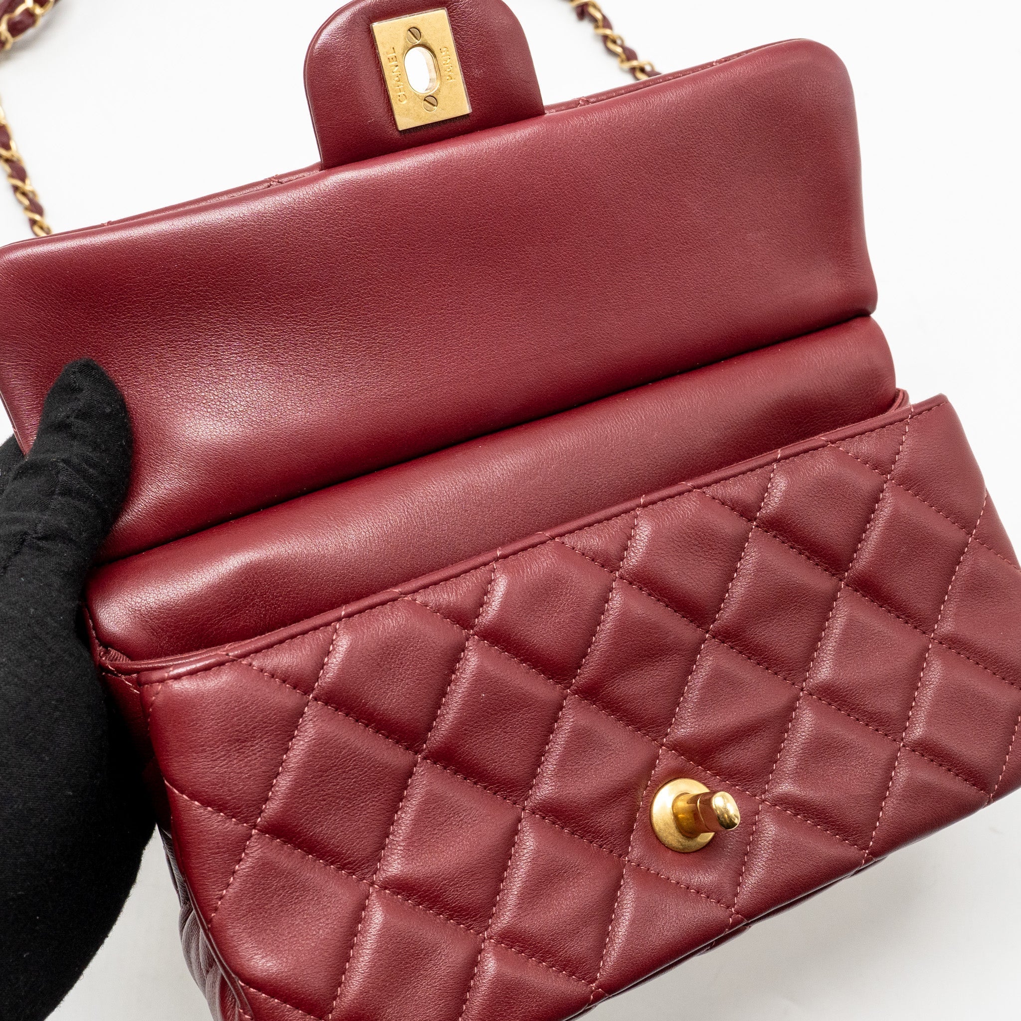 CHANEL HANGER FLAP BAG LAMBSKIN DARK RED GHW (MICROCHIP)