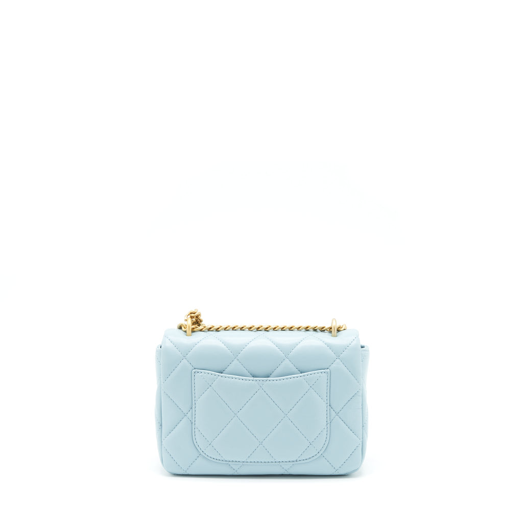CHANEL 22P SEASONAL MINI SQUARE FLAP BAG LAMBSKIN LIGHT BLUE GHW