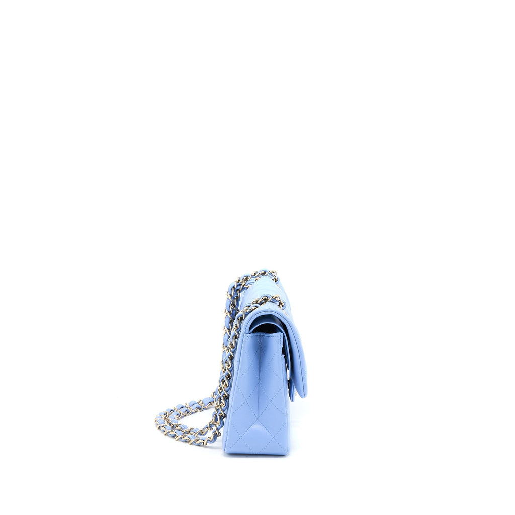 CHANEL SMALL CLASSIC DOUBLE FLAP BAG LAMBSKIN BLUE LGHW