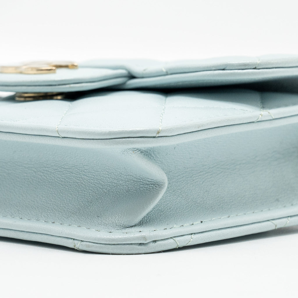 CHANEL TOP HANDLE MINI FLAP BAG WITH CHAIN LAMBSKIN LIGHT BLUE LGHW