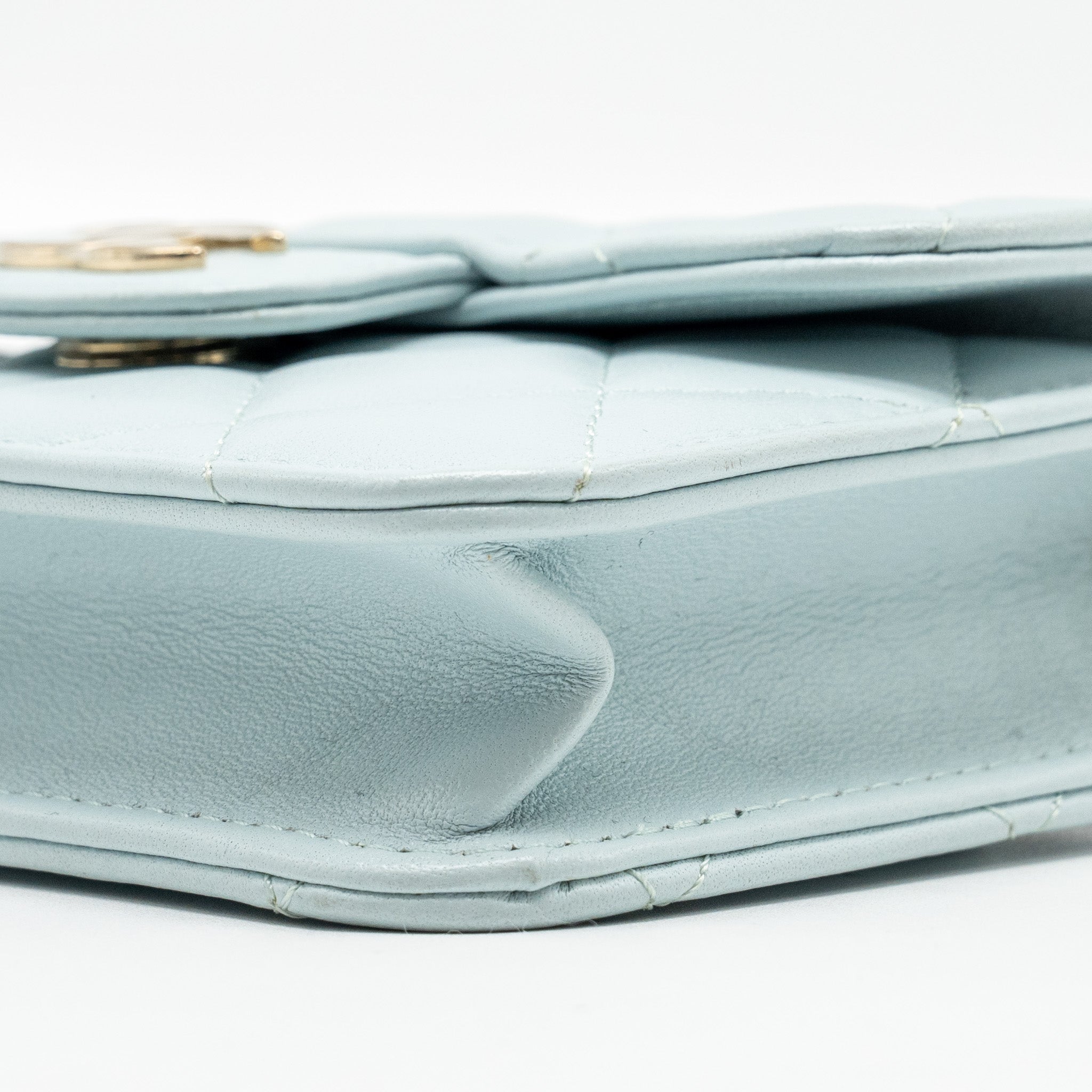 CHANEL TOP HANDLE MINI FLAP BAG WITH CHAIN LAMBSKIN LIGHT BLUE LGHW