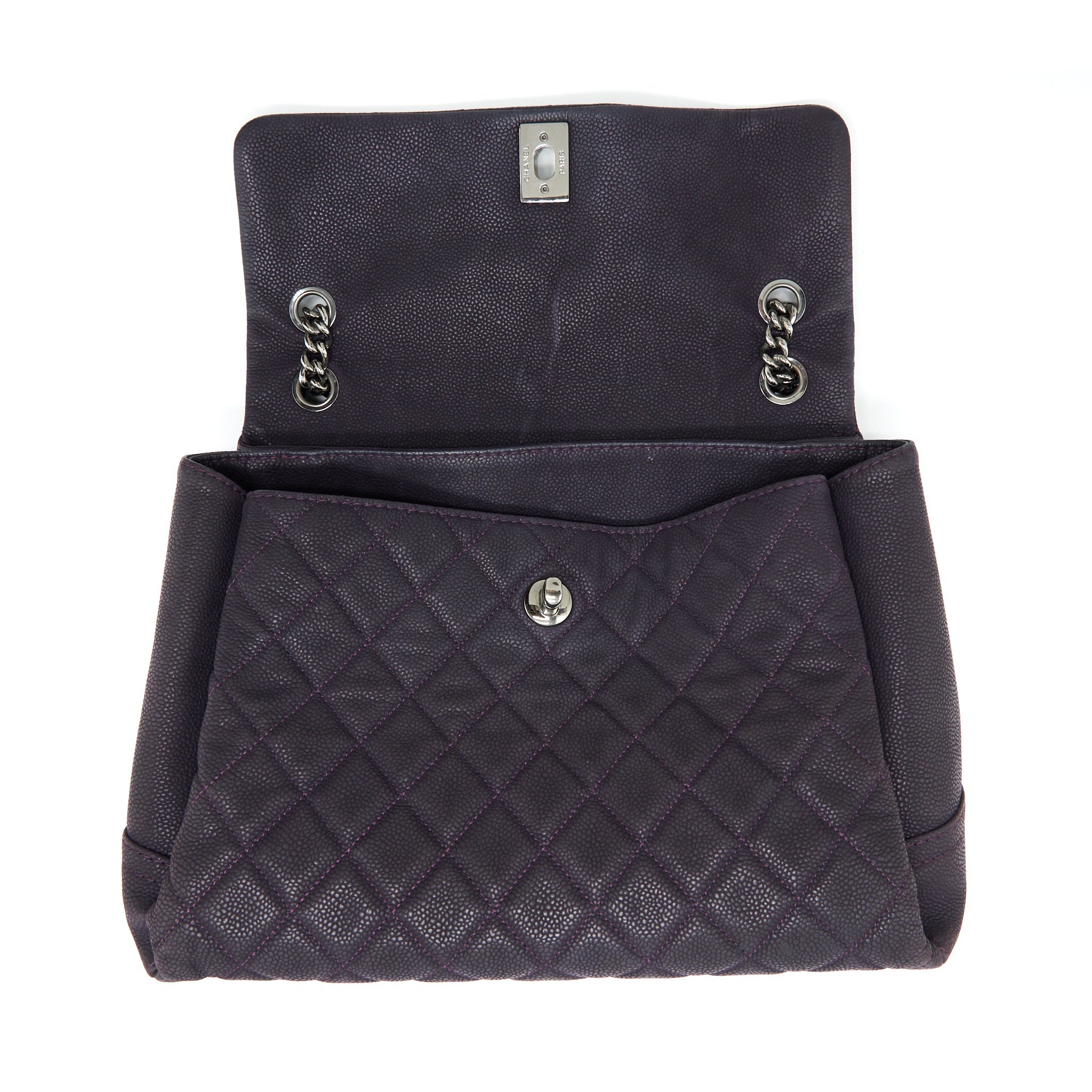 CHANEL FLAP TOTE BAG WITH CHAIN GRAINED CALFSKIN DARK PURPLE SHW