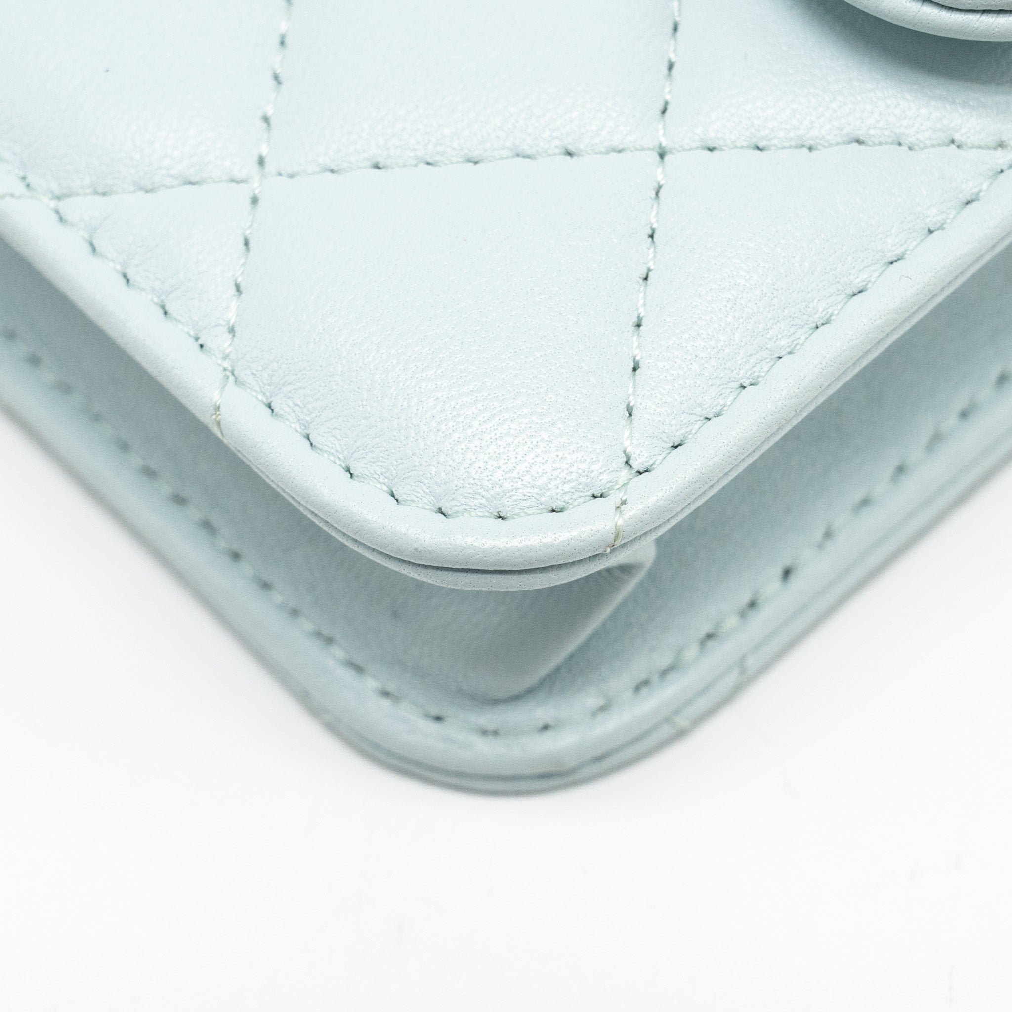 CHANEL TOP HANDLE MINI FLAP BAG WITH CHAIN LAMBSKIN LIGHT BLUE LGHW