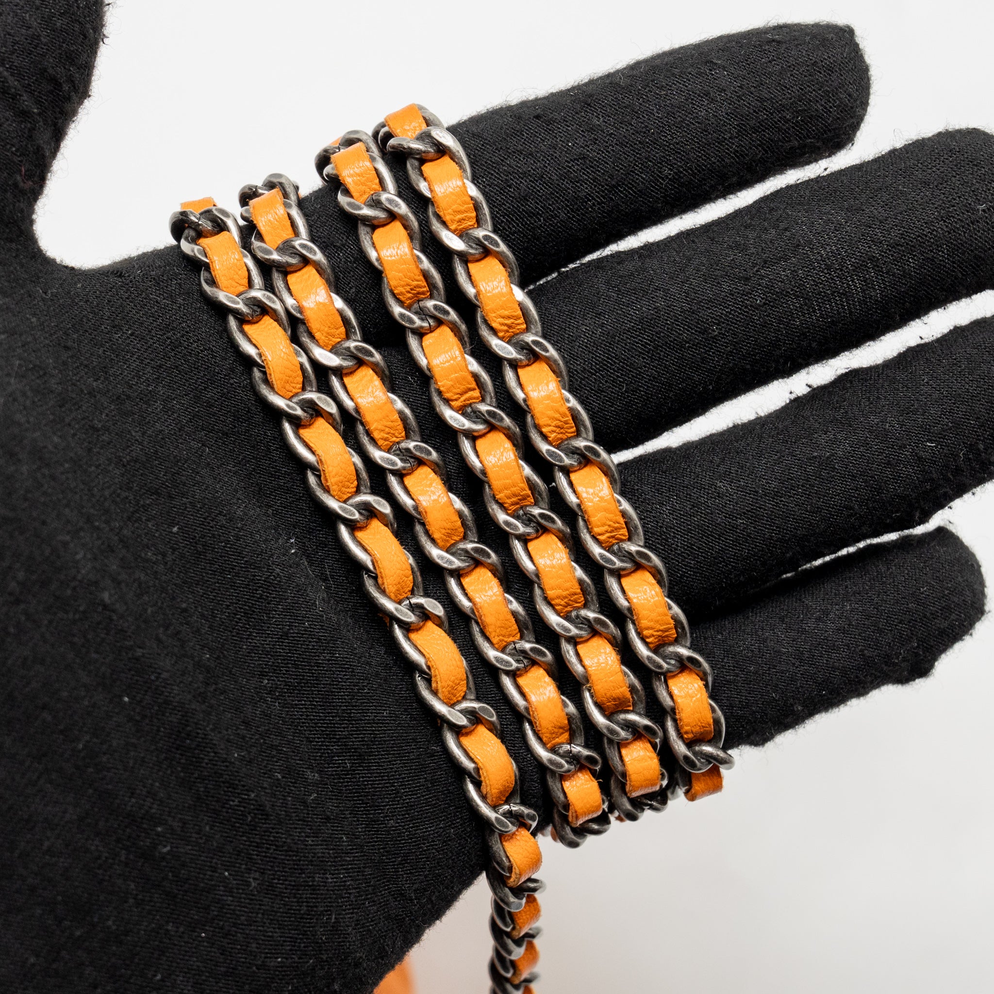 CHANEL BOY WALLET ON CHAIN LAMBSKIN ORANGE RUTHENIUM SILVER HARDWARE