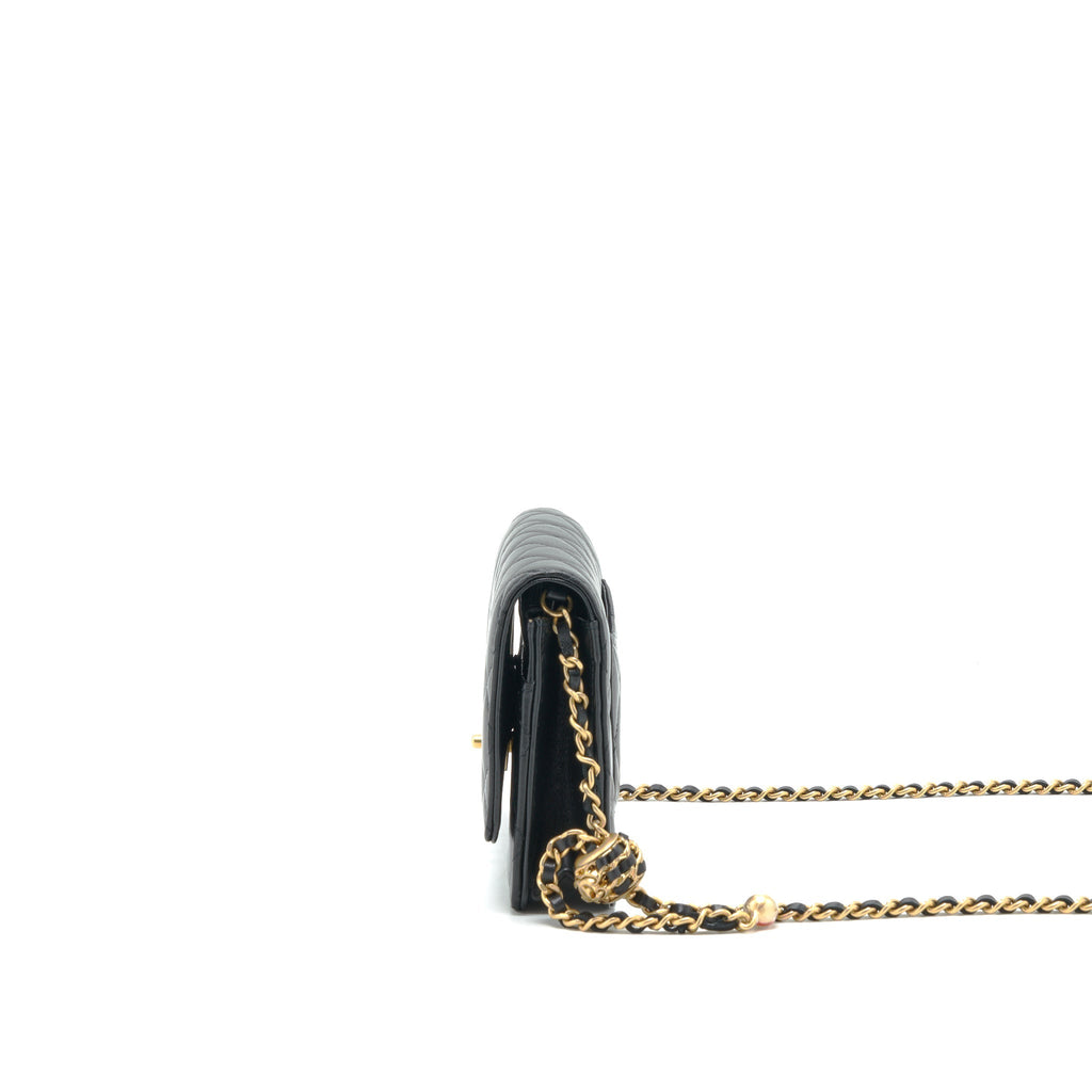 CHANEL 22S PEARL CRUSH WALLET ON CHAIN LAMBSKIN BLACK GHW (MICROCHIP)