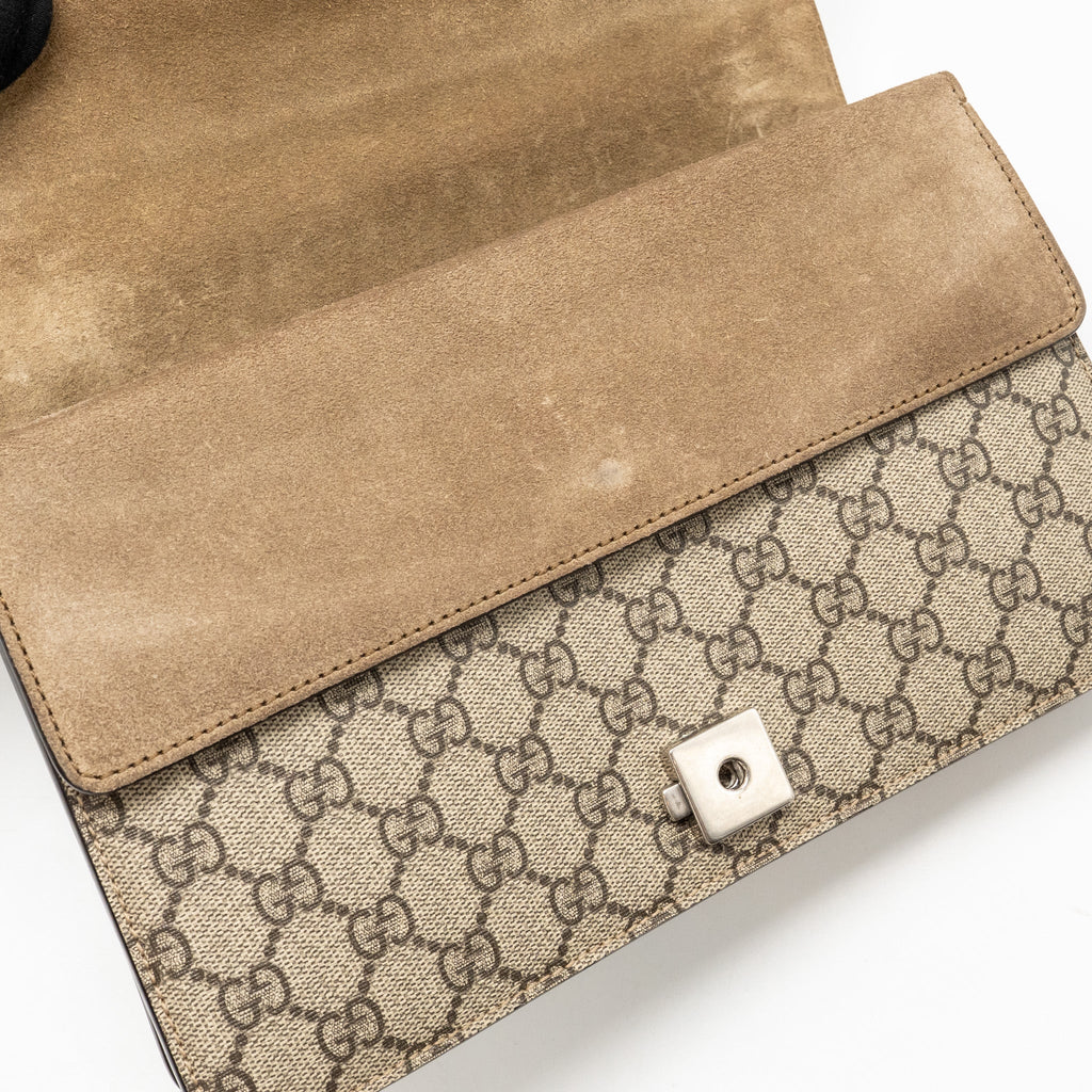 GUCCI SMALL DIONYSUS SHOULDER BAG GG SUPREME CANVAS/ SUEDE BROWN SHW