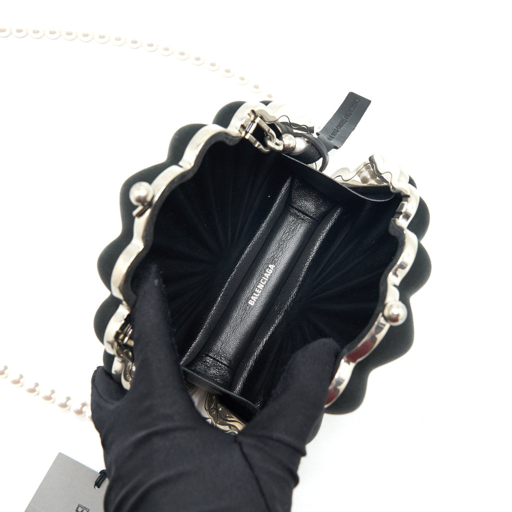 BALENCIAGA SATIN BEADS SHELL CLUTCH BLACK SHW