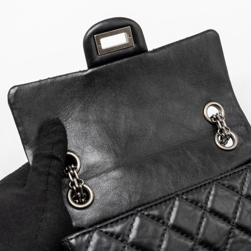 CHANEL MINI 2.55 REISSUE FLAP BAG AGED CALFSKIN BLACK RUTHENIUM HARDWARE