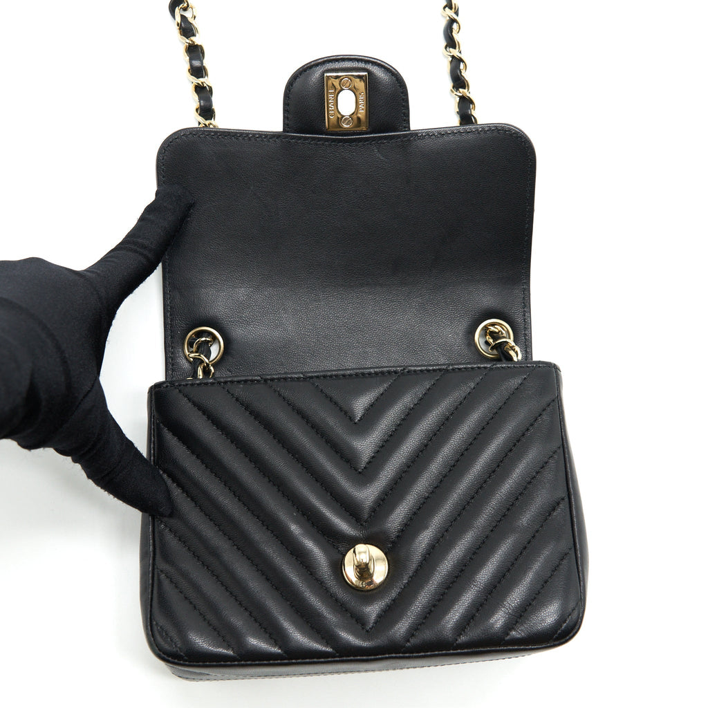 CHANEL MINI SQUARE CHEVRON FLAP BAG BLACK LGHW