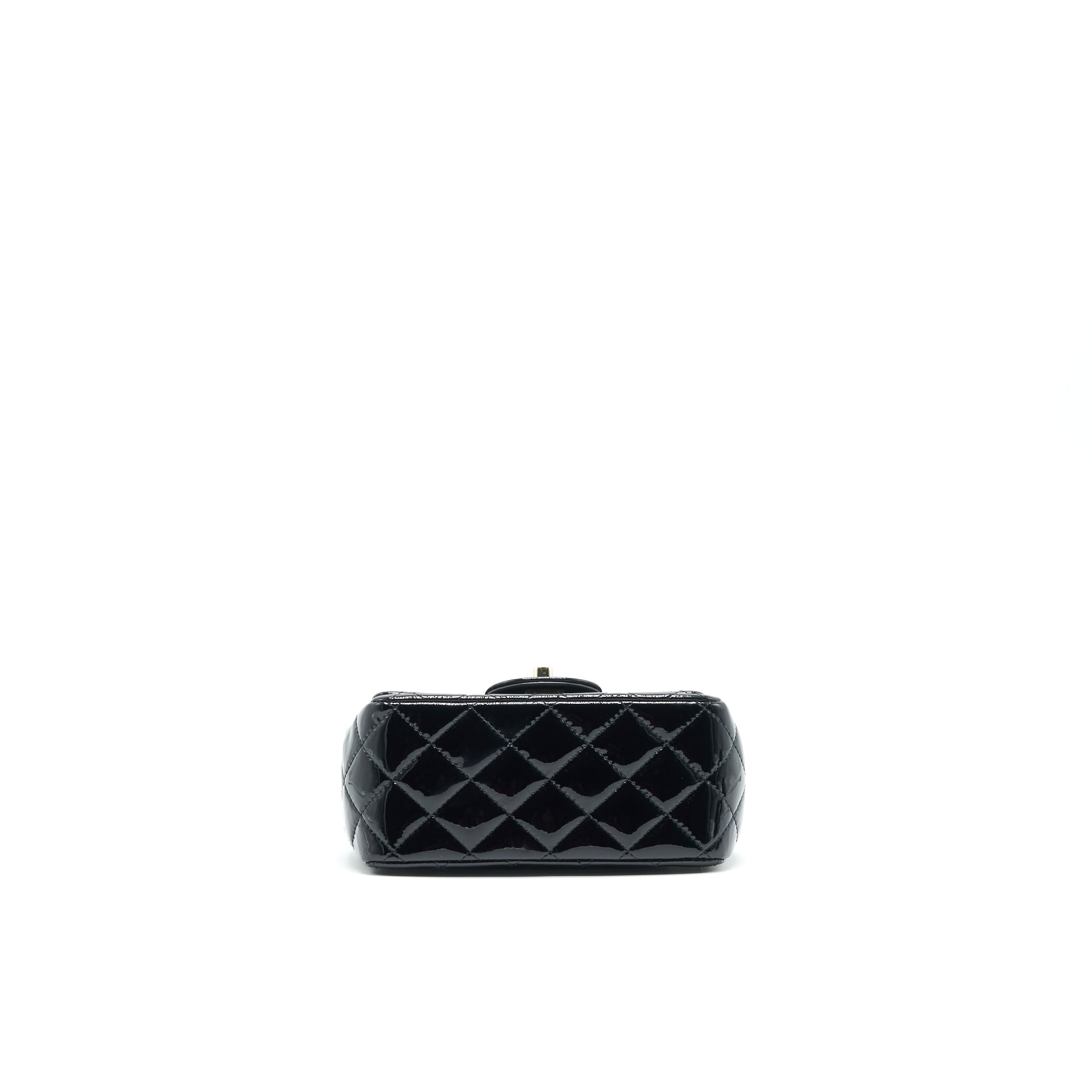 CHANEL MINI SQUARE FLAP BAG QUILTED PATENT LEATHER BLACK GHW