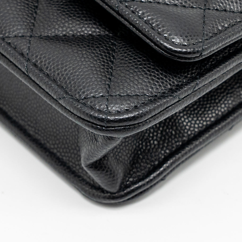 CHANEL CC LOGO QUILTED WALLET ON CHAIN CAVIAR BLACK LGHW (MICROCHIP)