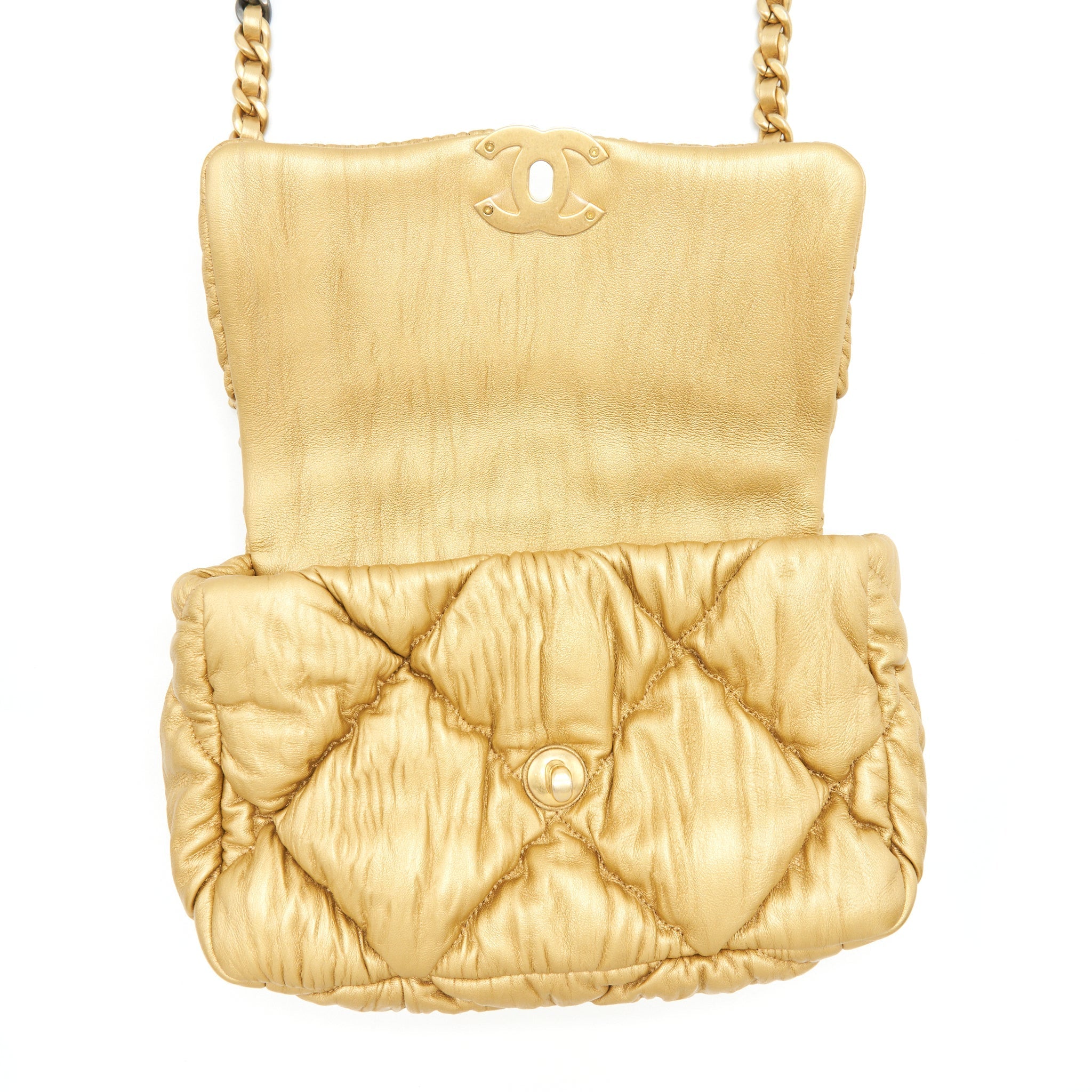 CHANEL SMALL 19 BAG LIMITED EDITION LAMBSKIN GOLD WITH GOLD/SILVER HARDWARE(MICROCHIP)