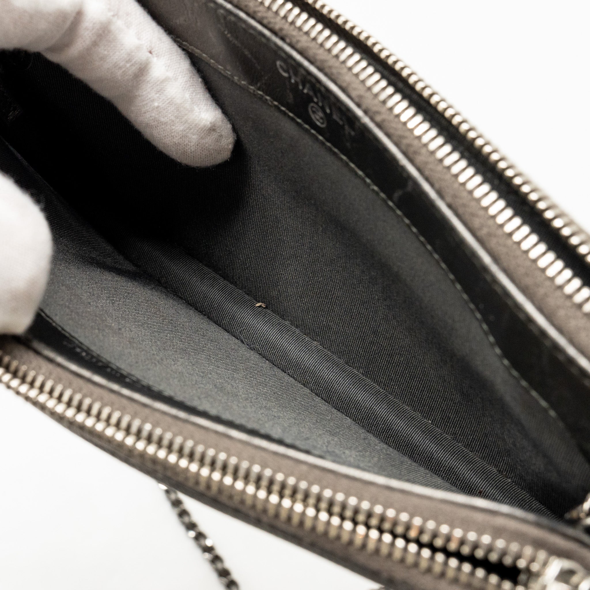 CHANEL CC FILIGREE DOUBLE ZIP CLUTCH WITH CHAIN CAVIAR GREY SHW