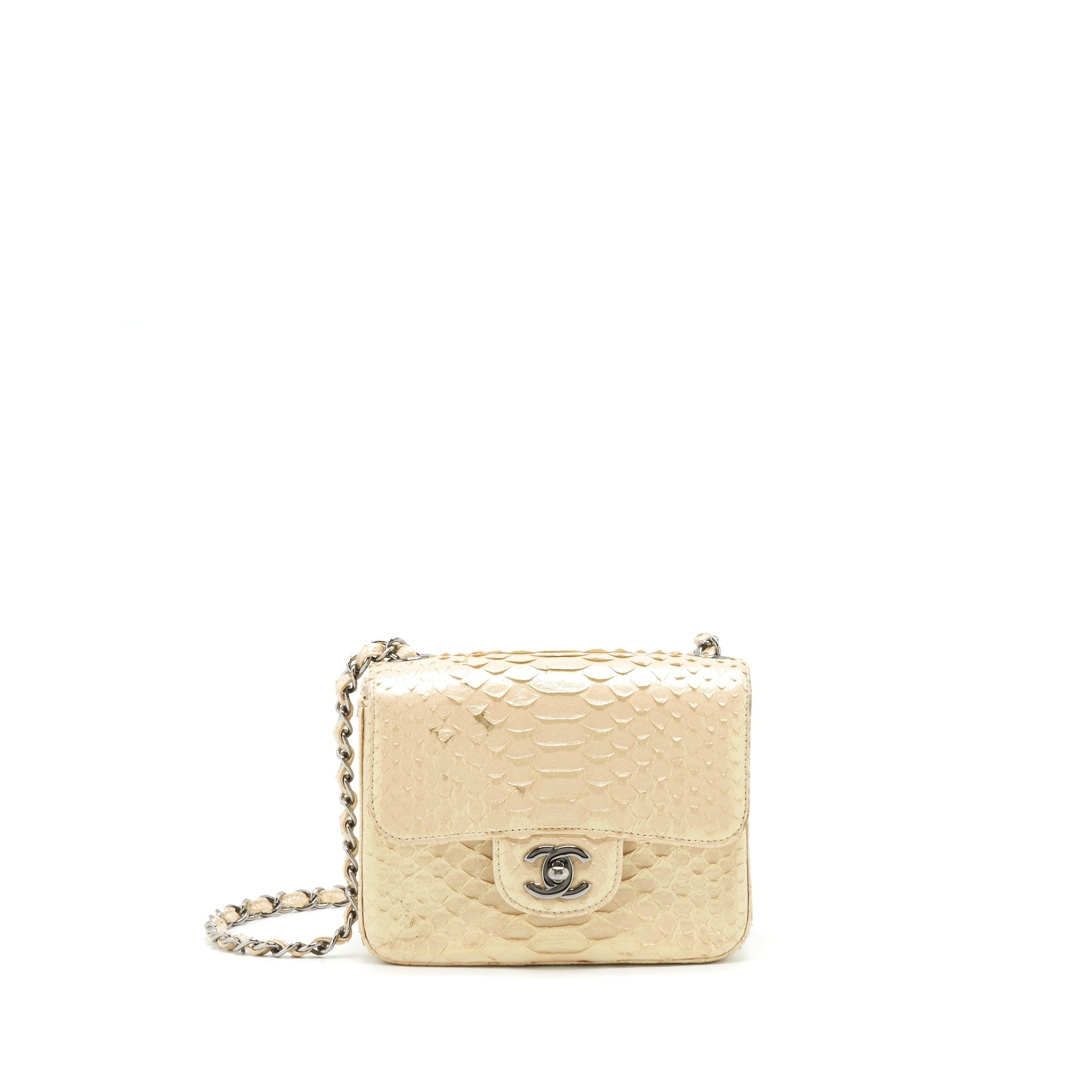 CHANEL MINI SQUARE FLAP BAG PYTHON IRIDESCENT LIGHT BEIGE SHW