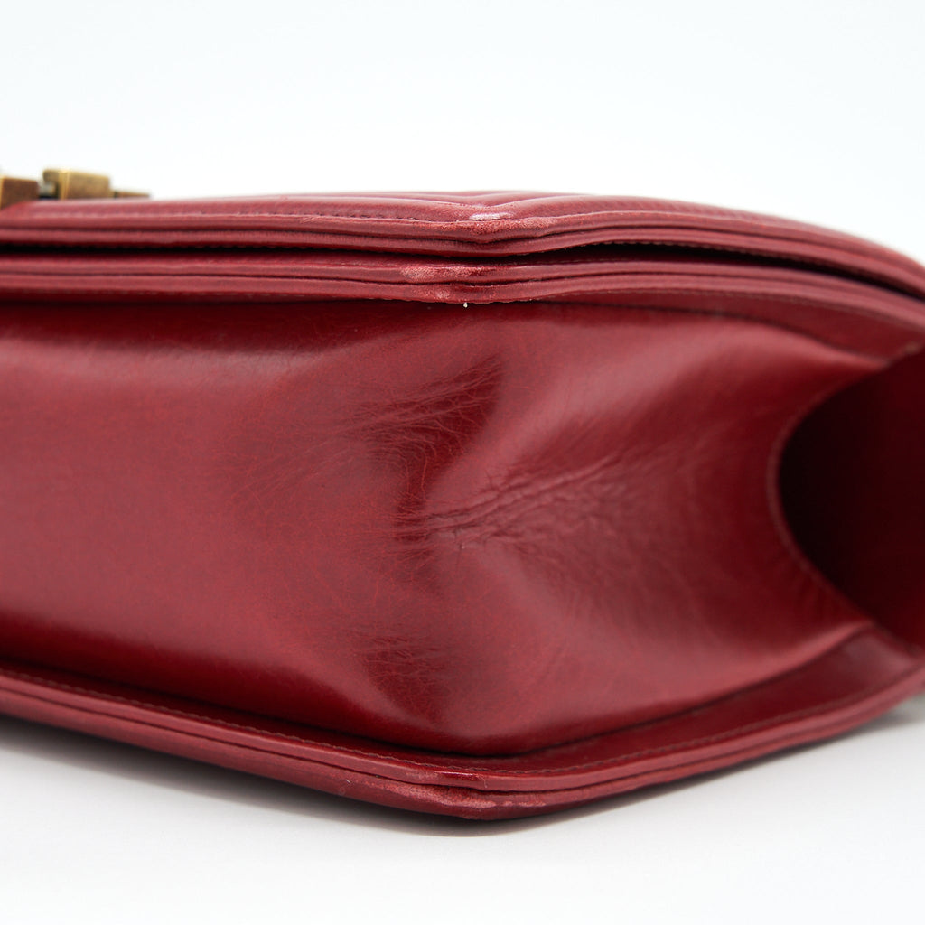 CHANEL MEDIUM BOY BAG AGED CALFSKIN RED WITH RUTHENIUM GHW