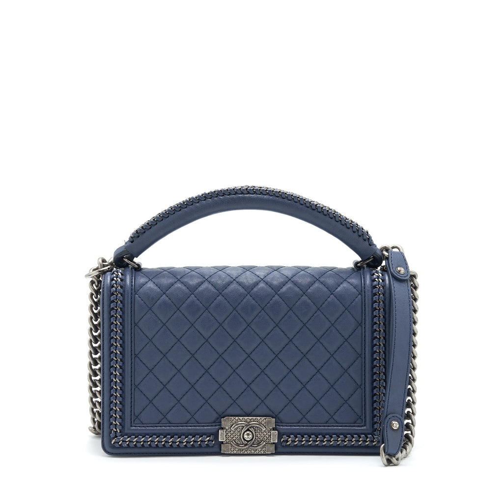 CHANEL BOY BAG WITH TOP HANDLE NAVY RUTHENIUM SLIVER HARDWARE