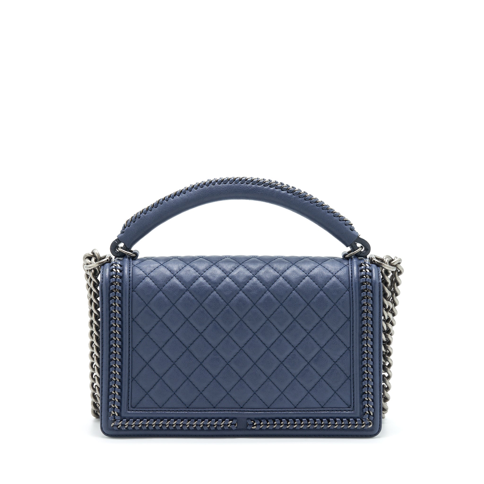 CHANEL BOY BAG WITH TOP HANDLE NAVY RUTHENIUM SLIVER HARDWARE