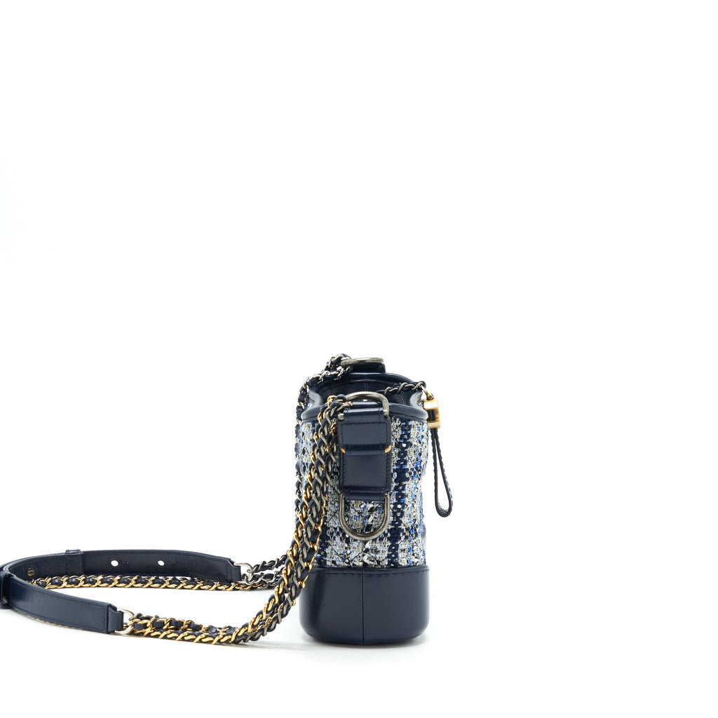 CHANEL SMALL GABRIELLE HOBO BAG TWEED BLUE WITH MULTI COLOUR HARDWARE