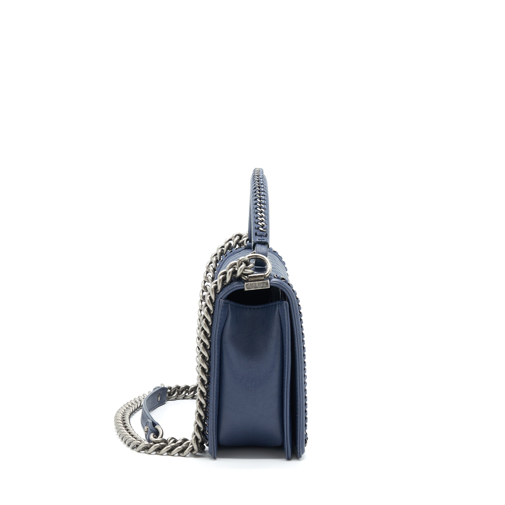 CHANEL BOY BAG WITH TOP HANDLE NAVY RUTHENIUM SLIVER HARDWARE