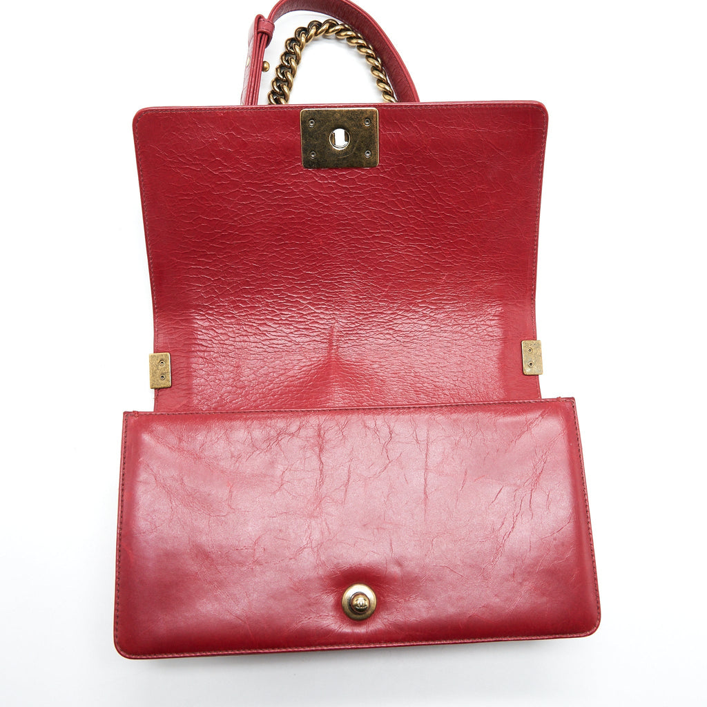 CHANEL MEDIUM BOY BAG AGED CALFSKIN RED WITH RUTHENIUM GHW