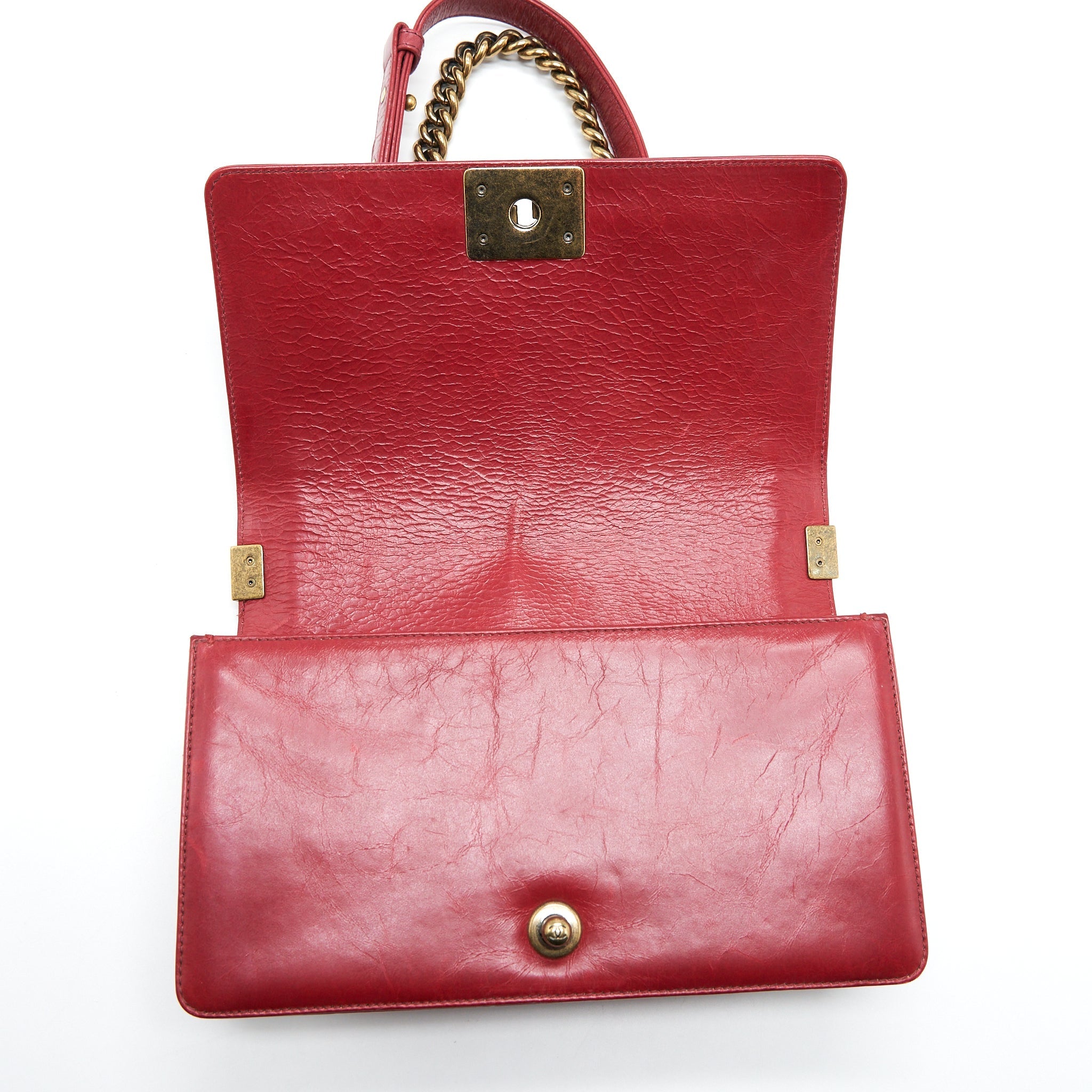 CHANEL MEDIUM BOY BAG AGED CALFSKIN RED WITH RUTHENIUM GHW