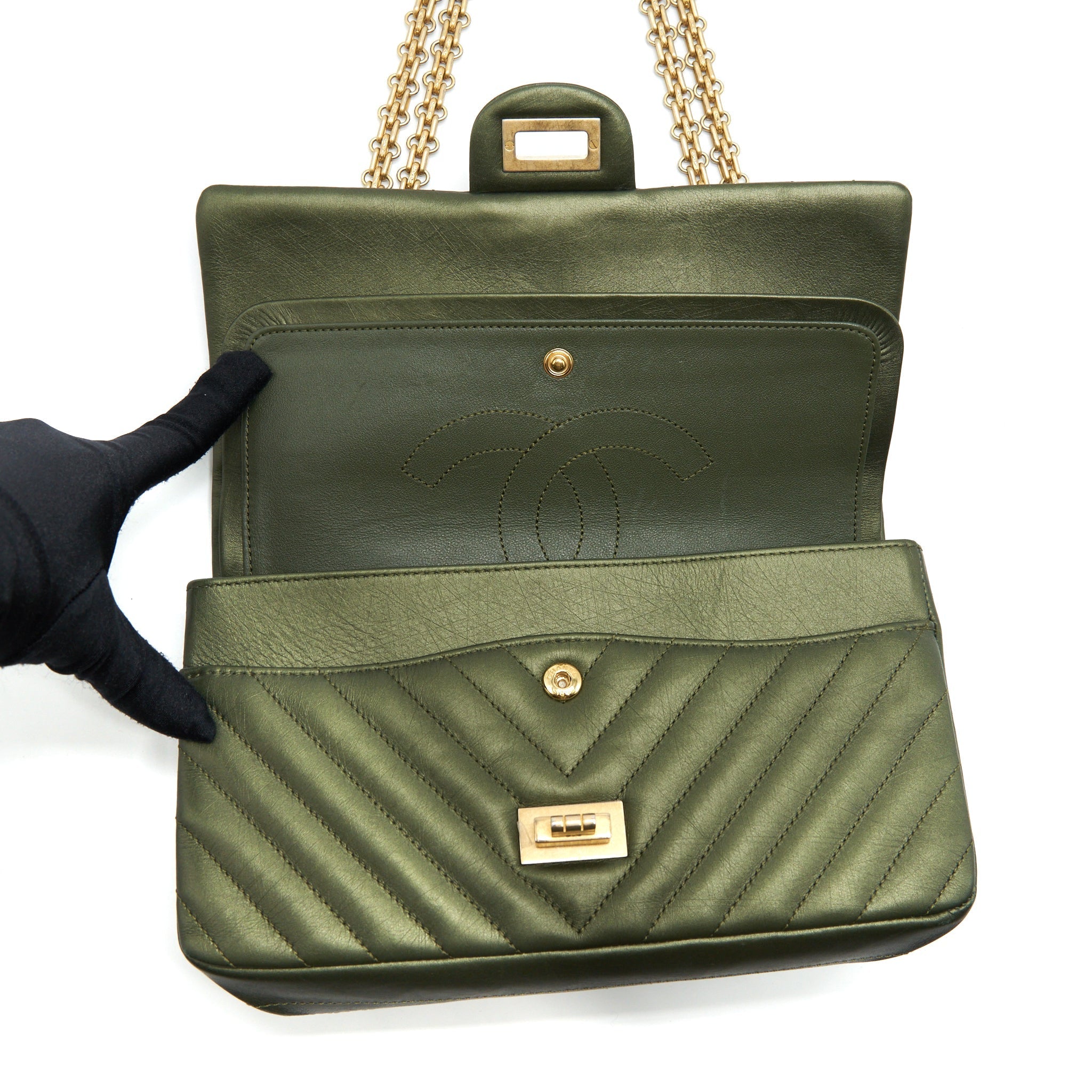 CHANEL SMALL 2.55 REISSUE FLAP BAG CALFSKIN DARK GREEN BRUSHED GOLD HARDWARE