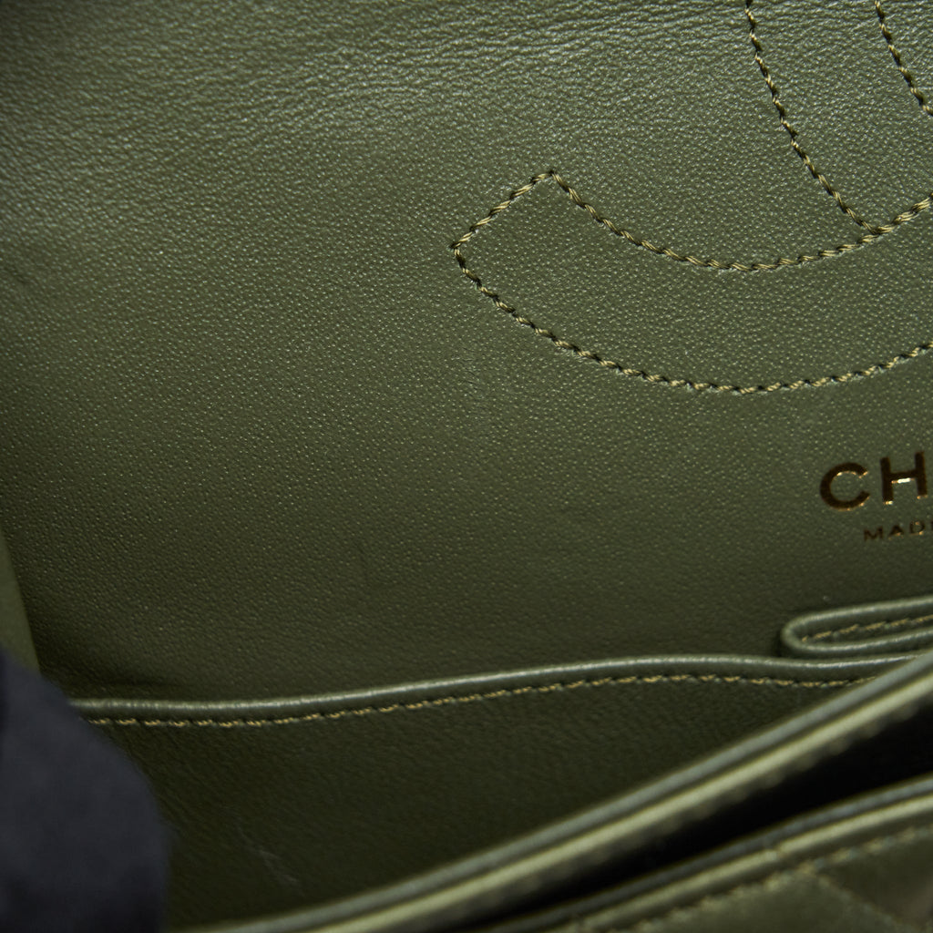 CHANEL SMALL 2.55 REISSUE FLAP BAG CALFSKIN DARK GREEN BRUSHED GOLD HARDWARE