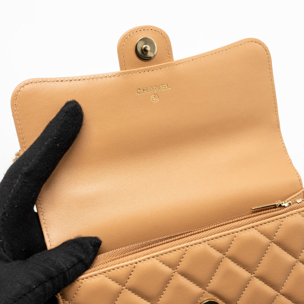 CHANEL TOP HANDLE MINI FLAP BAG WITH CHAIN LAMBSKIN CARAMEL LGHW