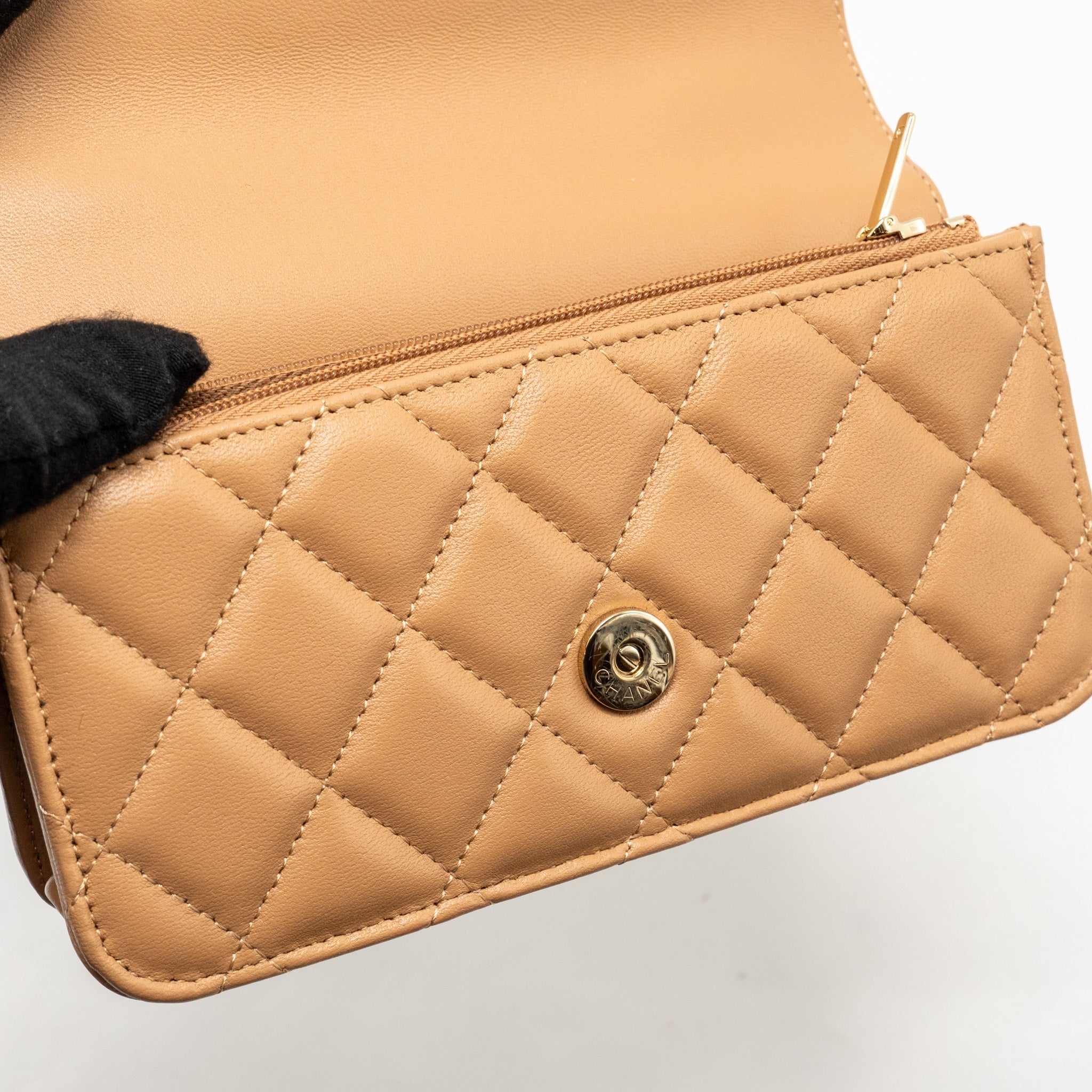 CHANEL TOP HANDLE MINI FLAP BAG WITH CHAIN LAMBSKIN CARAMEL LGHW