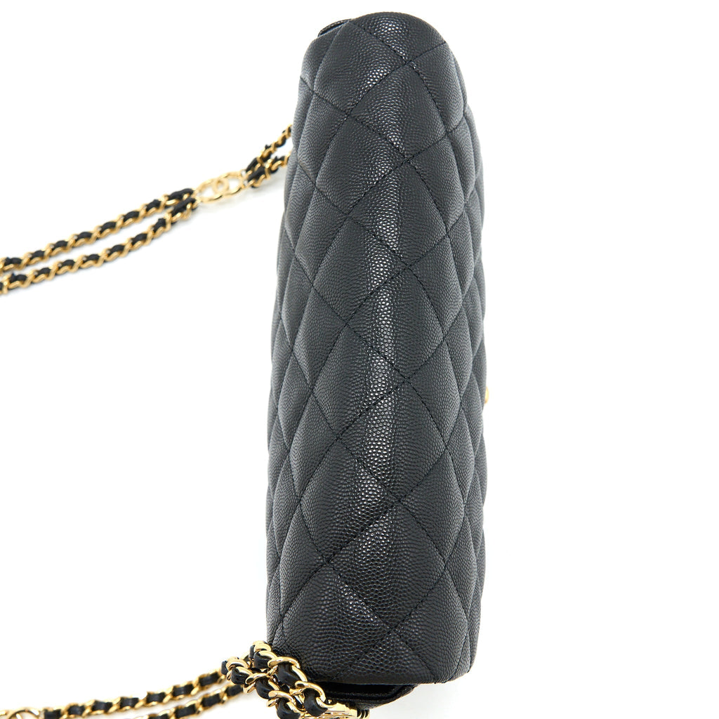 CHANEL 23C QUILTED FLAP BAG CC LOGO CHAIN GRAINED CALFSKIN BLACK GHW (MICROCHIP)