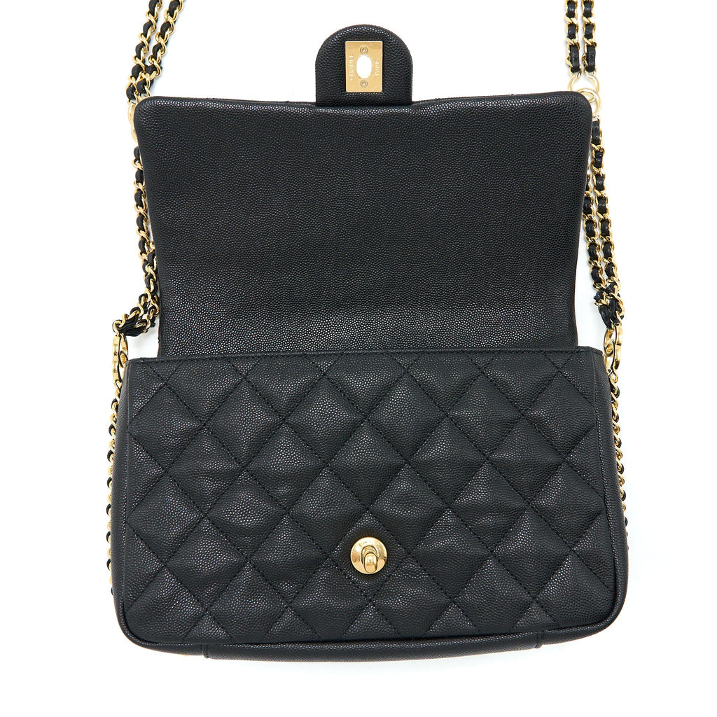 CHANEL 23C QUILTED FLAP BAG CC LOGO CHAIN GRAINED CALFSKIN BLACK GHW (MICROCHIP)