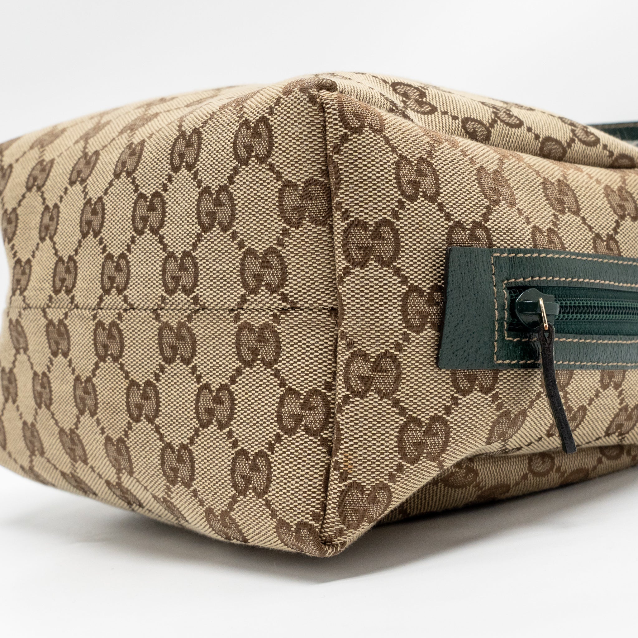 GUCCI BALTHUS TOFU HANDBAG GG CANVAS/ LEATHER BEIGE/ DARK GREEN