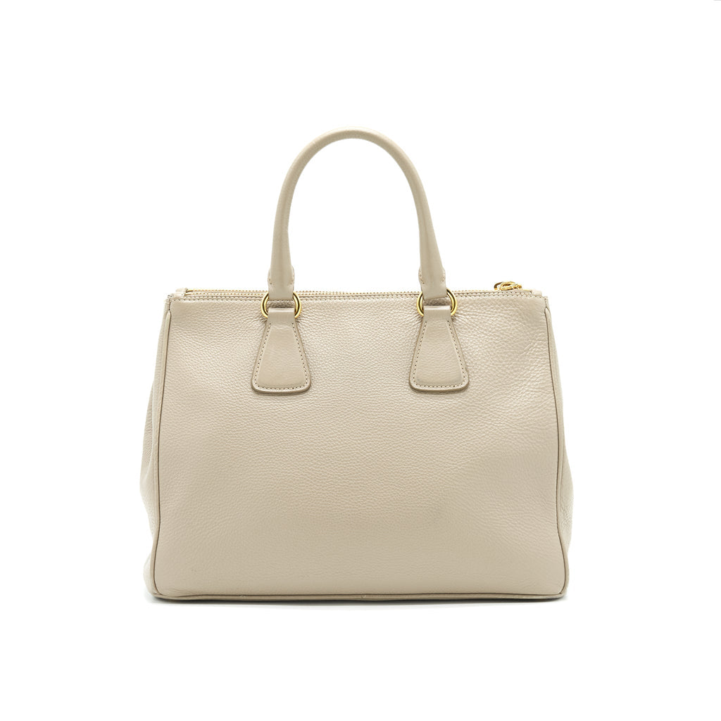PRADA GRAINED CALFSKIN DOUBLE ZIP TOTE BAG LIGHT GREY GHW